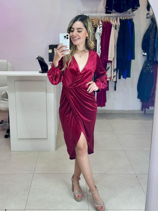 Vestido V terciopelo manga larga