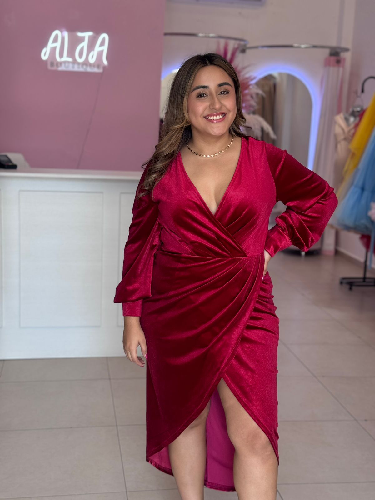 Vestido V terciopelo manga larga