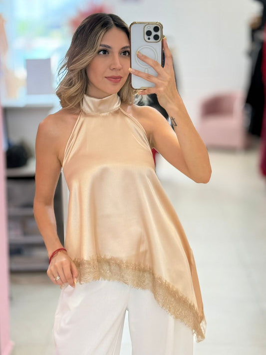 BLUSA HALTER SEDA Y ENCAJE